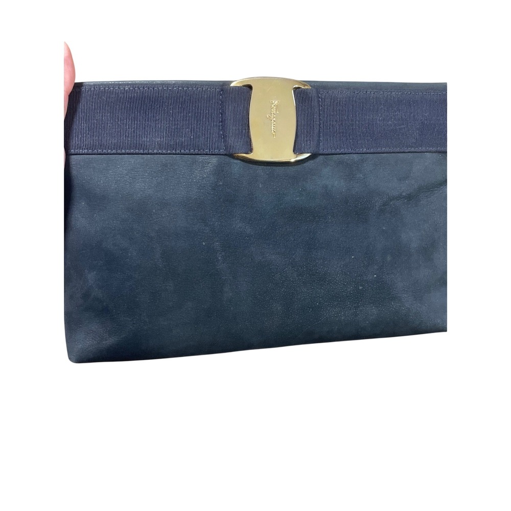 Salvatore Ferragamo Navy Suede Leather Clutch Bag Strap Gold Vara Bow Italy